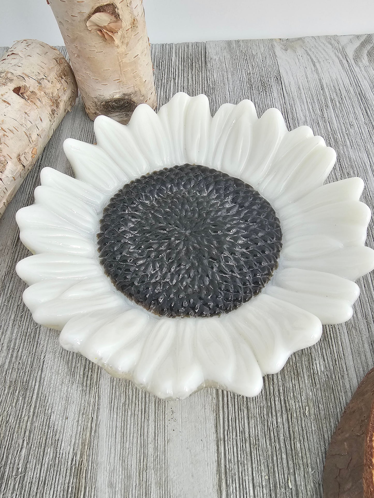 Fused Glass Sunflower Dish, White Sunflower