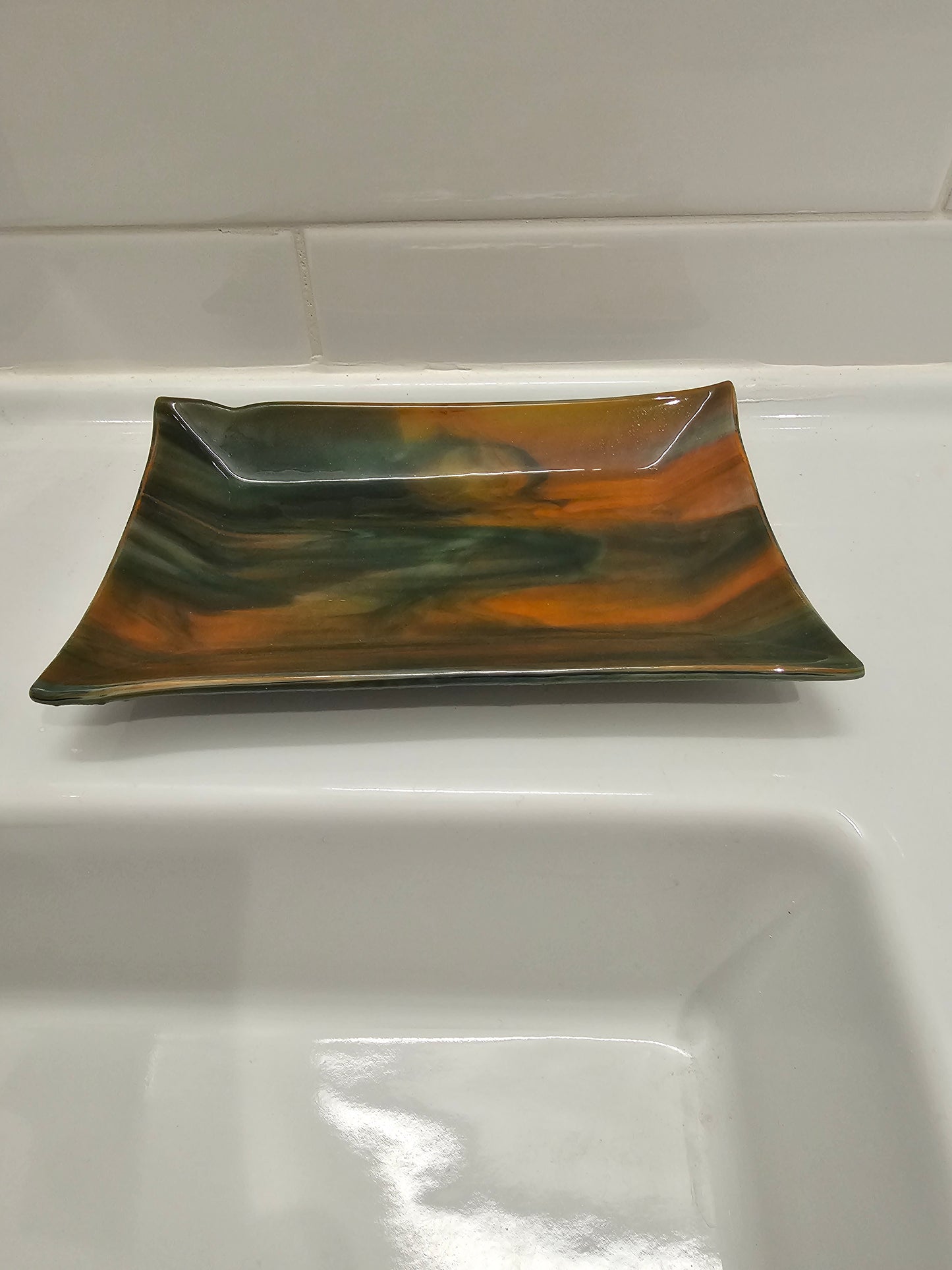 Fused Glass Dish, Orange and Green Streaky Glass, Soap Dish, Candle Holder, Ring Holder, Trinket Dish