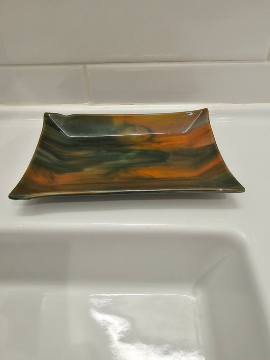 Fused Glass Dish, Orange and Green Streaky Glass, Soap Dish, Candle Holder, Ring Holder, Trinket Dish