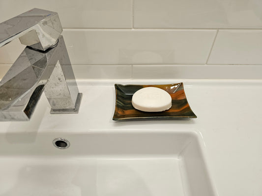 Fused Glass Dish, Orange and Green Streaky Glass, Soap Dish, Candle Holder, Ring Holder, Trinket Dish