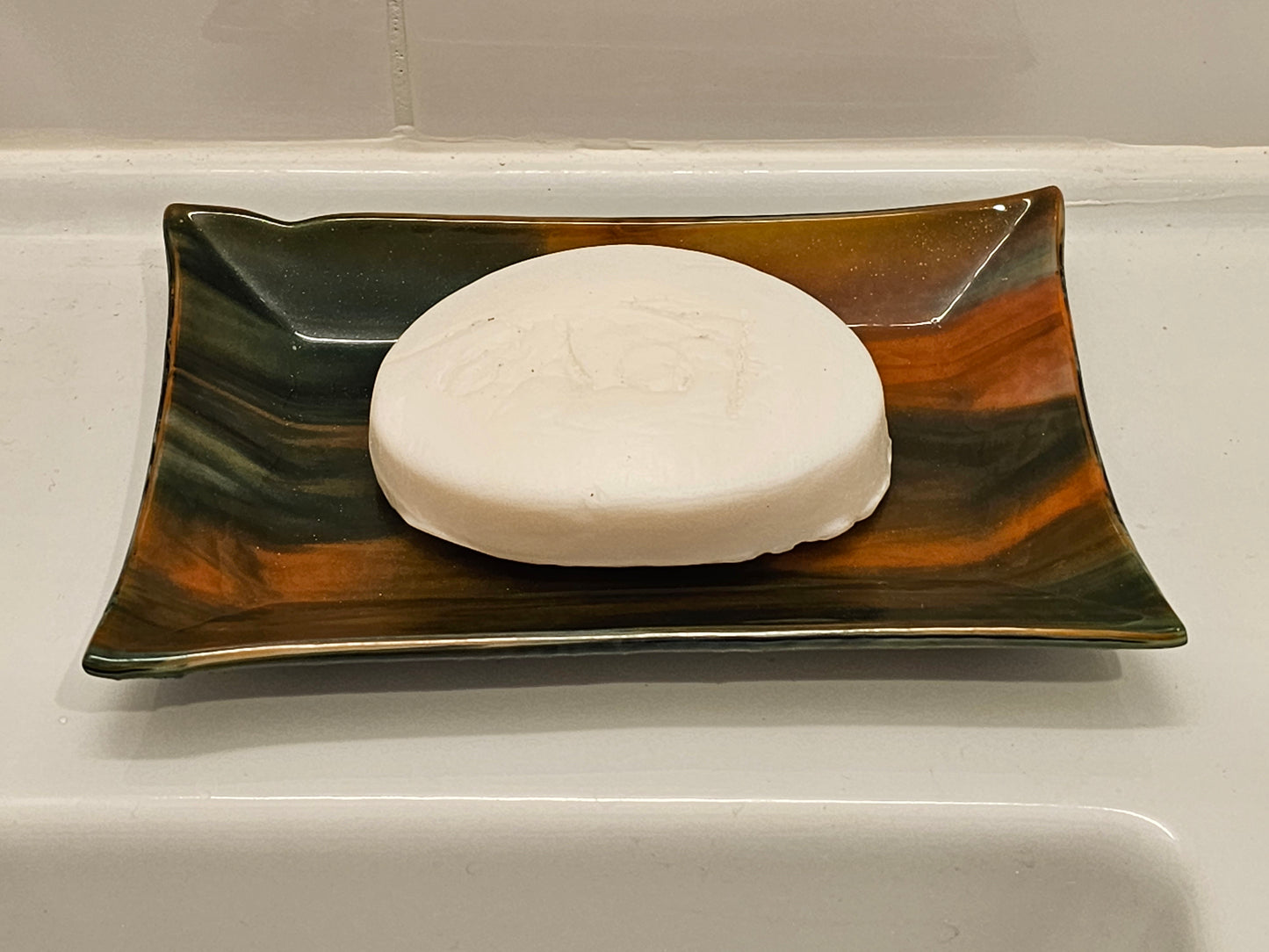 Fused Glass Dish, Orange and Green Streaky Glass, Soap Dish, Candle Holder, Ring Holder, Trinket Dish
