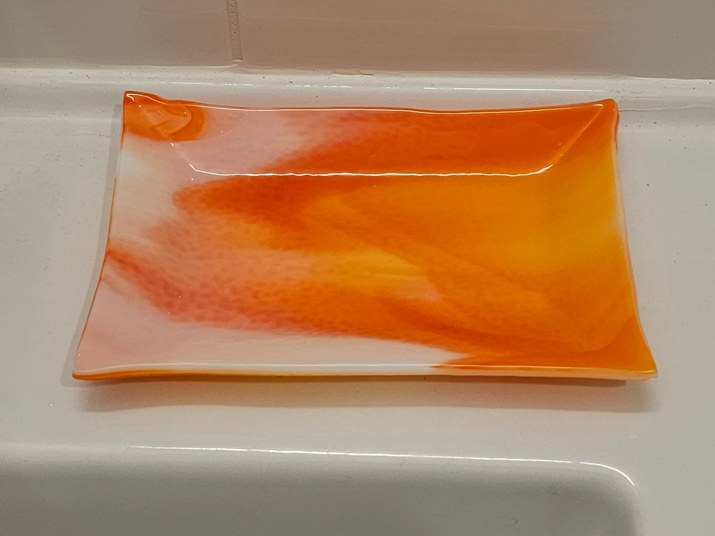 Fused Glass Dish, Orange and White Streaky Glass, Soap Dish, Candle Holder, Ring Holder, Trinket Dish
