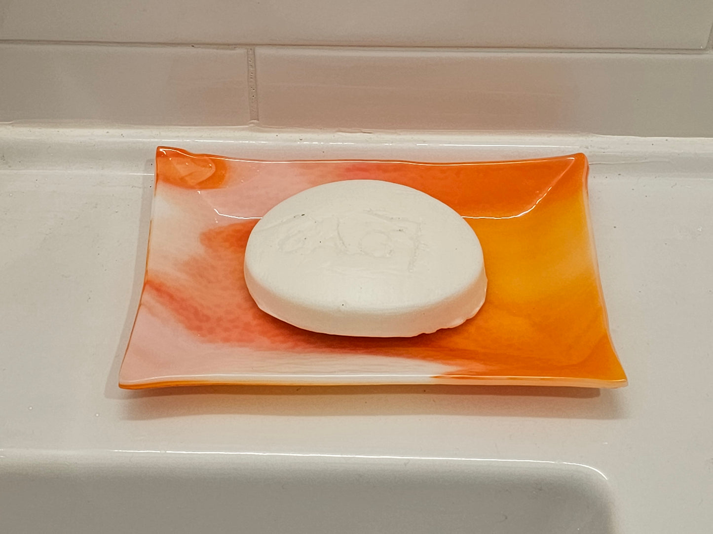 Fused Glass Dish, Orange and White Streaky Glass, Soap Dish, Candle Holder, Ring Holder, Trinket Dish