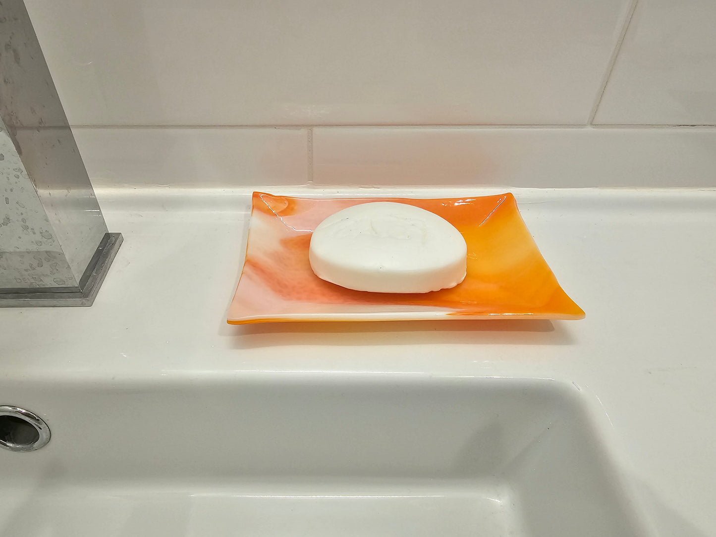 Fused Glass Dish, Orange and White Streaky Glass, Soap Dish, Candle Holder, Ring Holder, Trinket Dish
