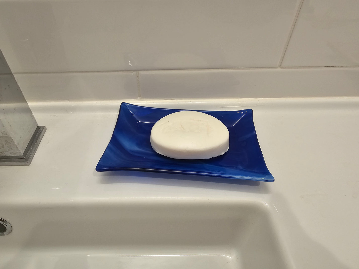 Fused Glass Dish, Blue Streaky Glass, Soap Dish, Candle Holder, Ring Holder, Trinket Dish