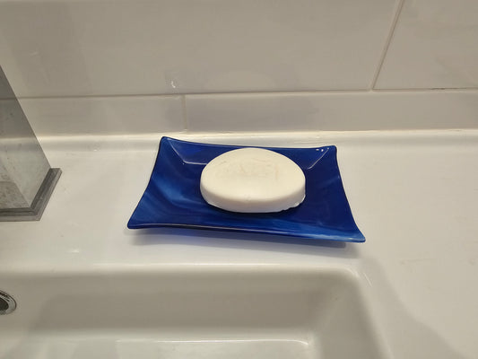 Fused Glass Dish, Blue Streaky Glass, Soap Dish, Candle Holder, Ring Holder, Trinket Dish