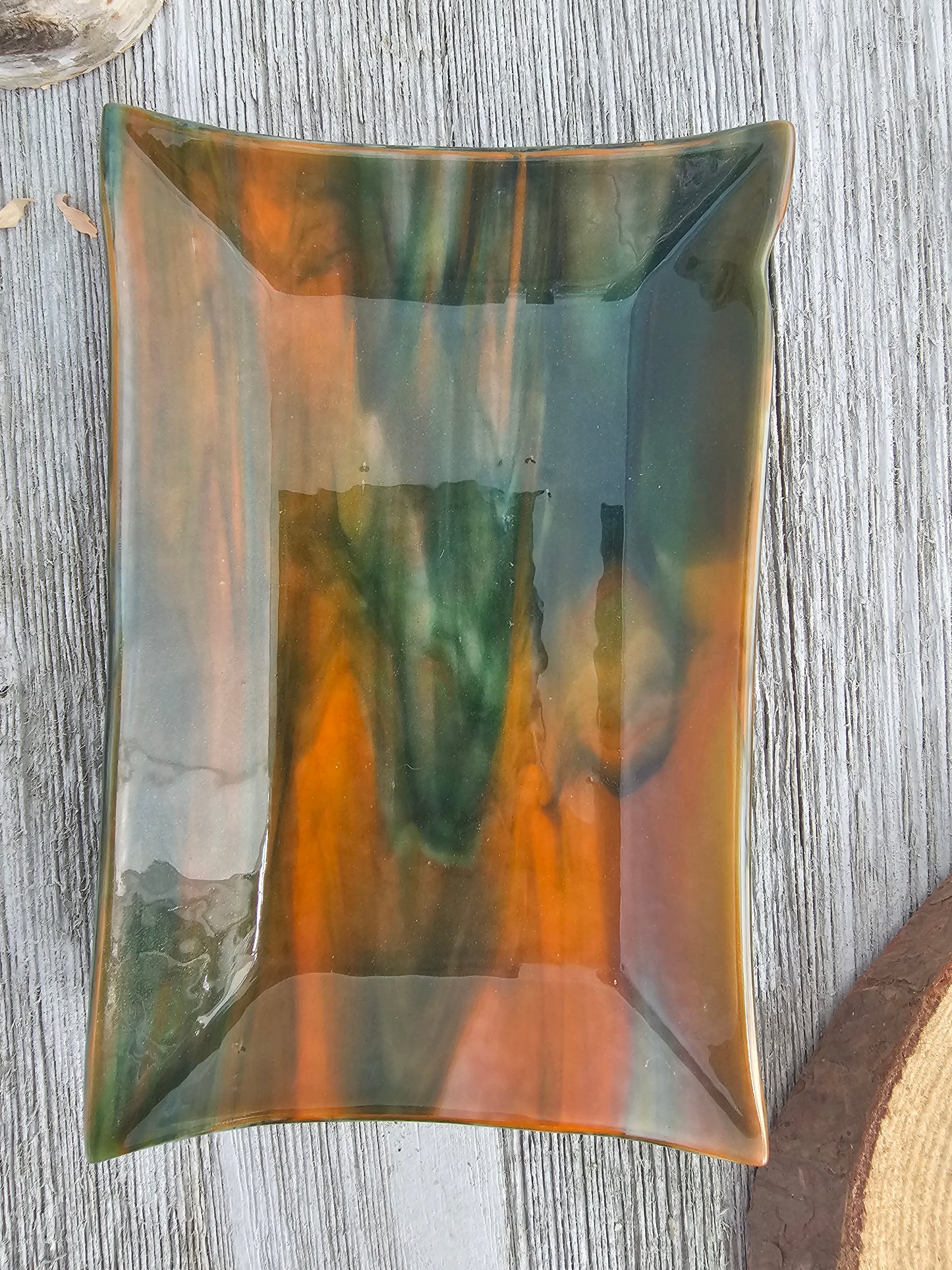 Fused Glass Dish, Orange and Green Streaky Glass, Soap Dish, Candle Holder, Ring Holder, Trinket Dish