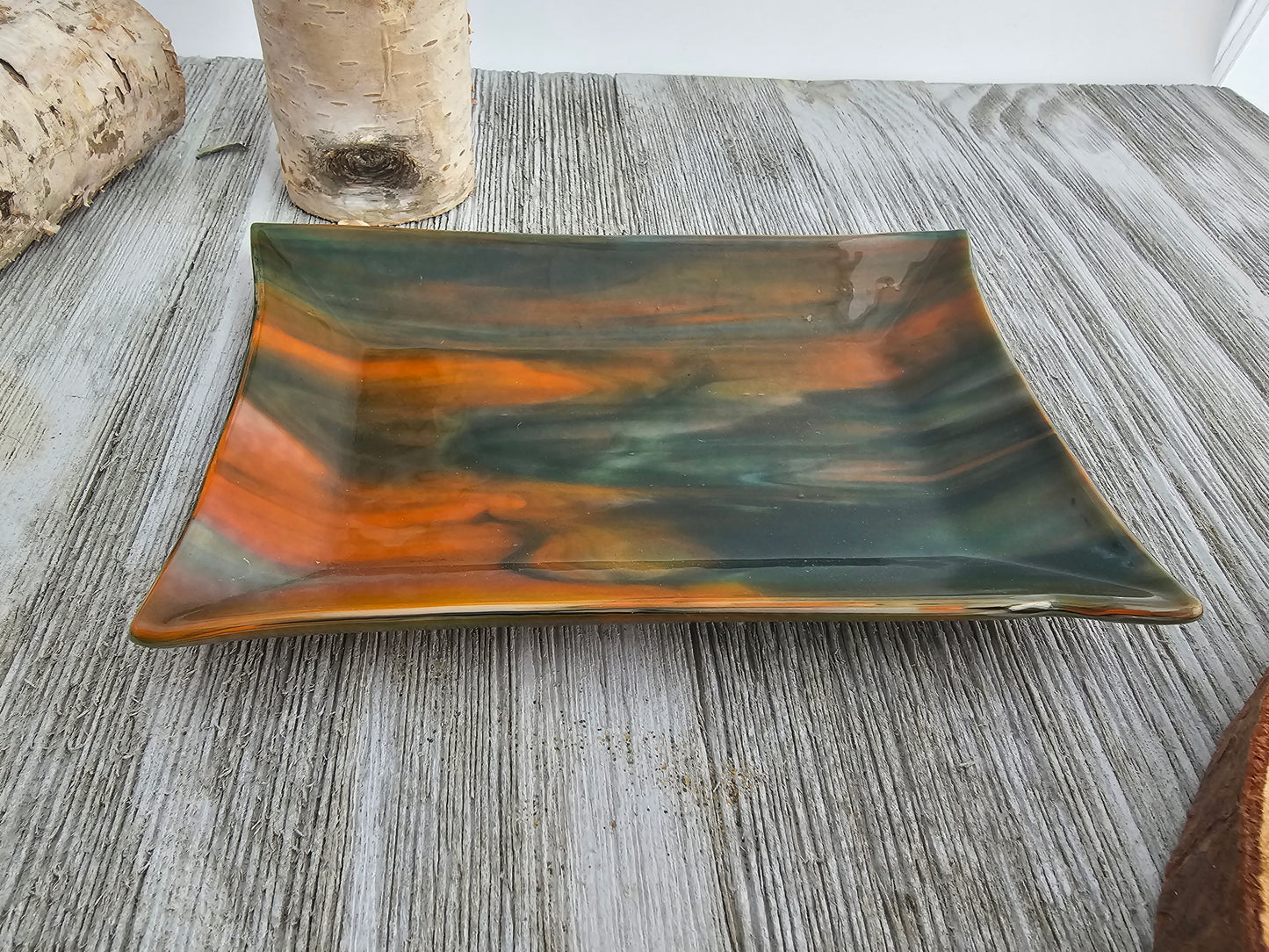 Fused Glass Dish, Orange and Green Streaky Glass, Soap Dish, Candle Holder, Ring Holder, Trinket Dish