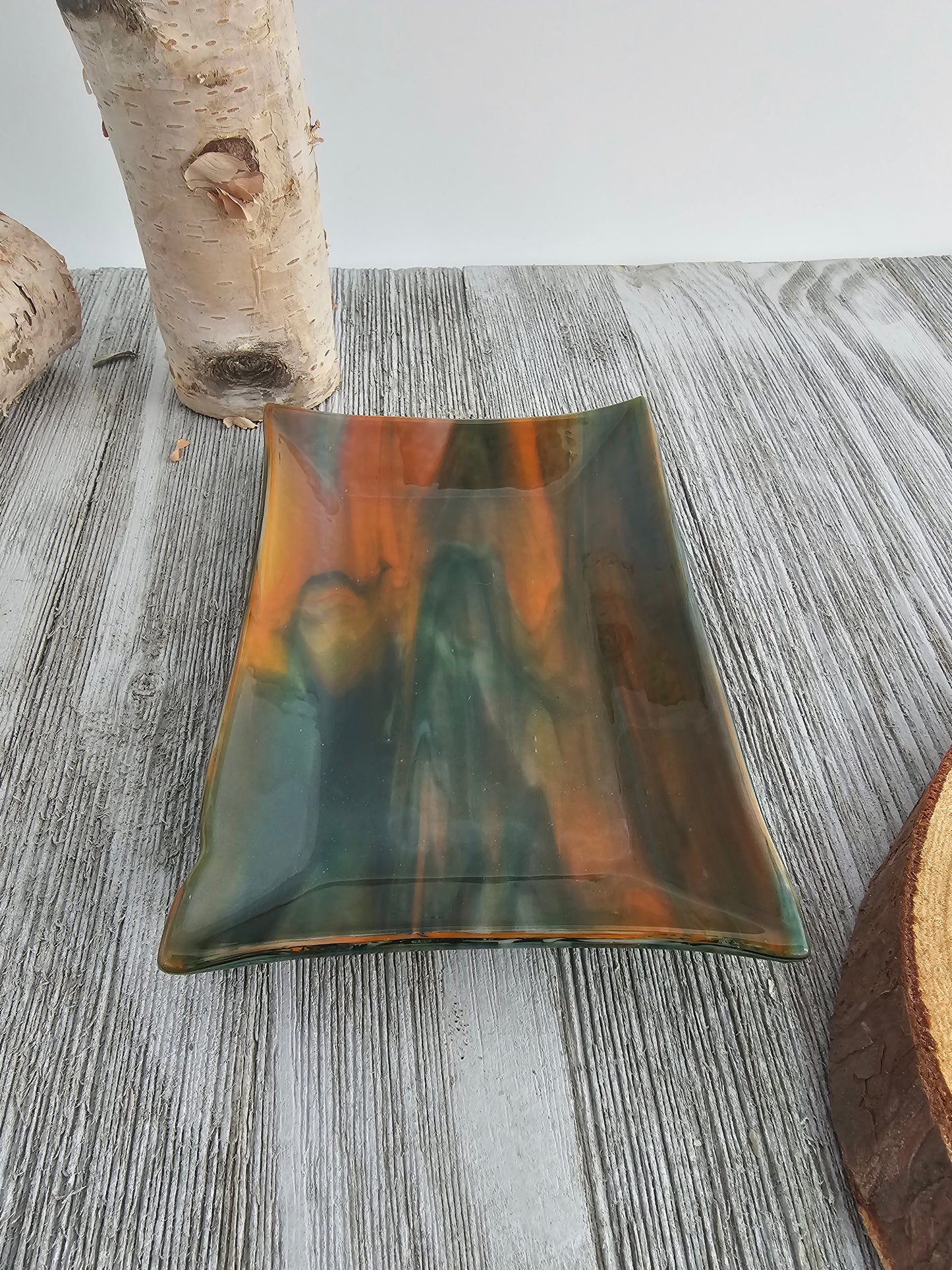 Fused Glass Dish, Orange and Green Streaky Glass, Soap Dish, Candle Holder, Ring Holder, Trinket Dish
