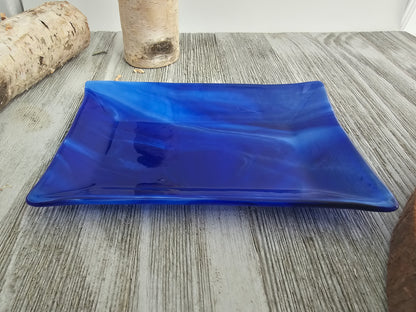 Fused Glass Dish, Blue Streaky Glass, Soap Dish, Candle Holder, Ring Holder, Trinket Dish