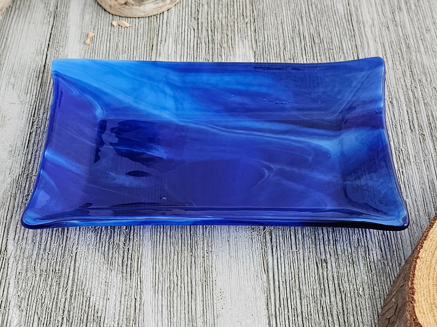 Fused Glass Dish, Blue Streaky Glass, Soap Dish, Candle Holder, Ring Holder, Trinket Dish