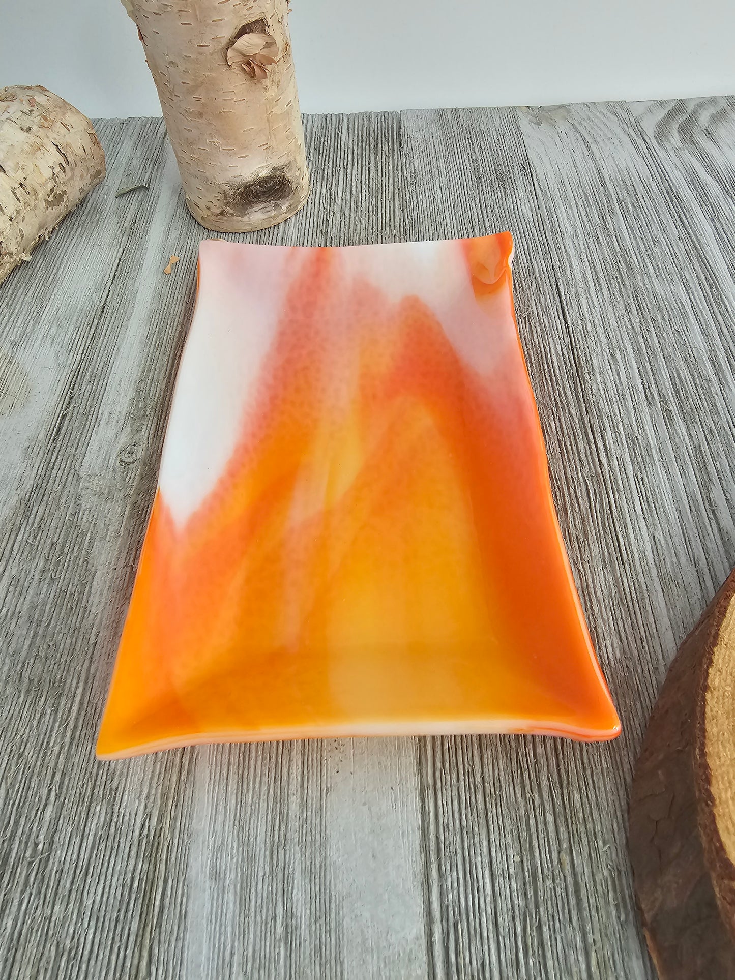 Fused Glass Dish, Orange and White Streaky Glass, Soap Dish, Candle Holder, Ring Holder, Trinket Dish