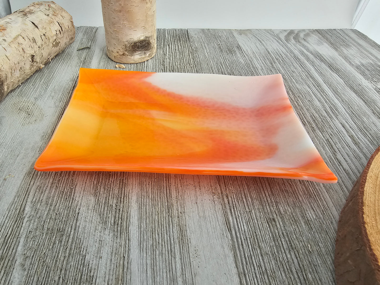 Fused Glass Dish, Orange and White Streaky Glass, Soap Dish, Candle Holder, Ring Holder, Trinket Dish