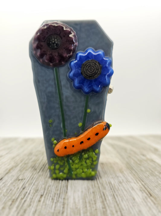 Wooden Coffin Trinket Box with Fused Glass Lid, Flowers