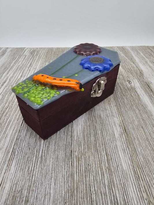 Wooden Coffin Trinket Box with Fused Glass Lid, Flowers