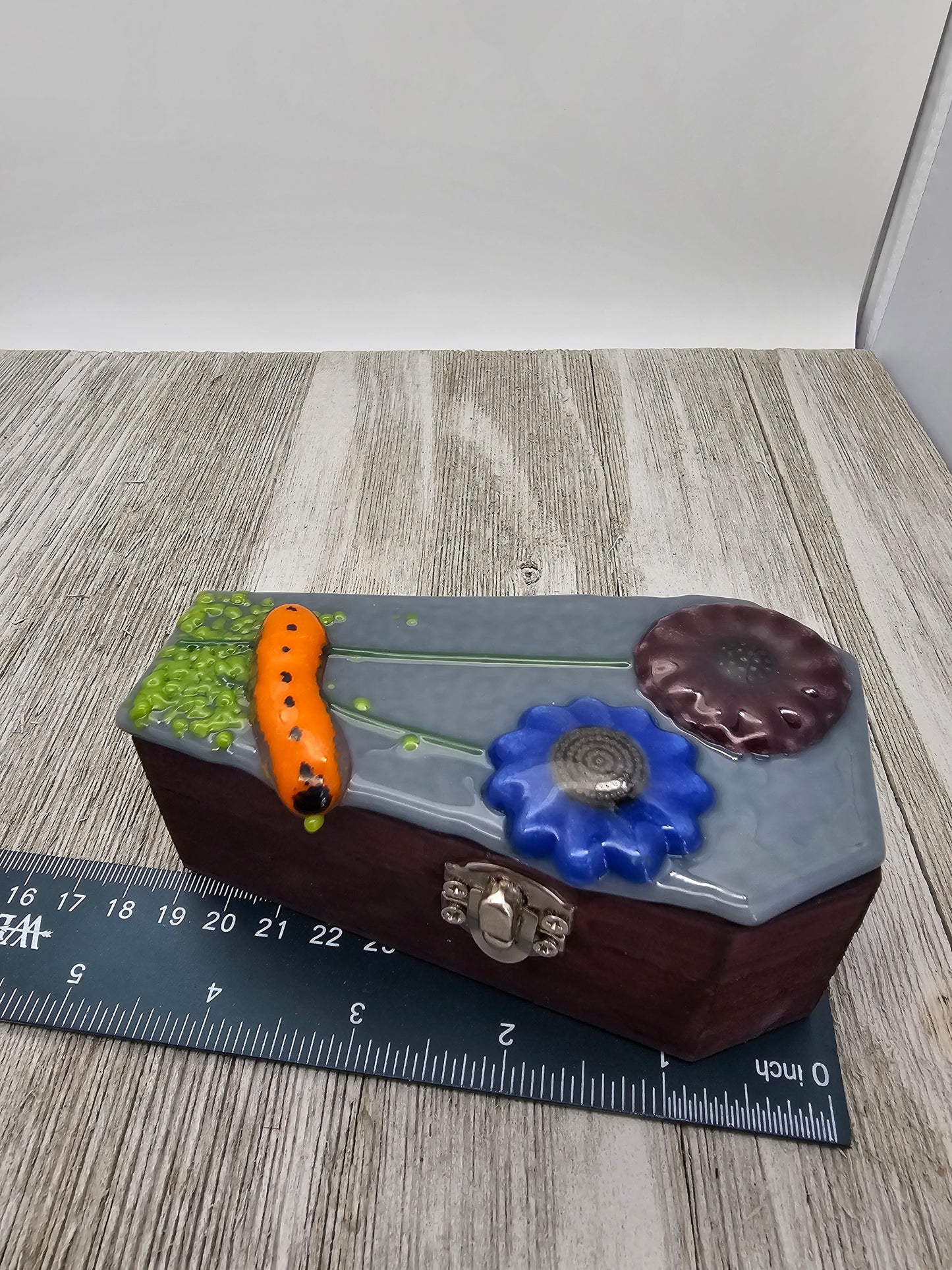 Wooden Coffin Trinket Box with Fused Glass Lid, Flowers