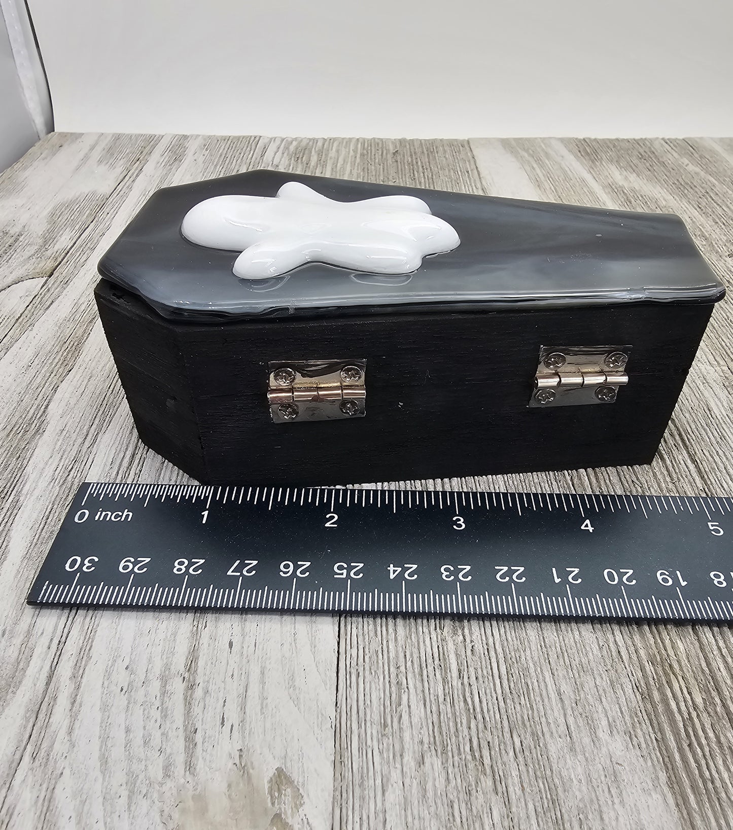 Wooden Coffin Trinket Box with Fused Glass Lid, Ghost
