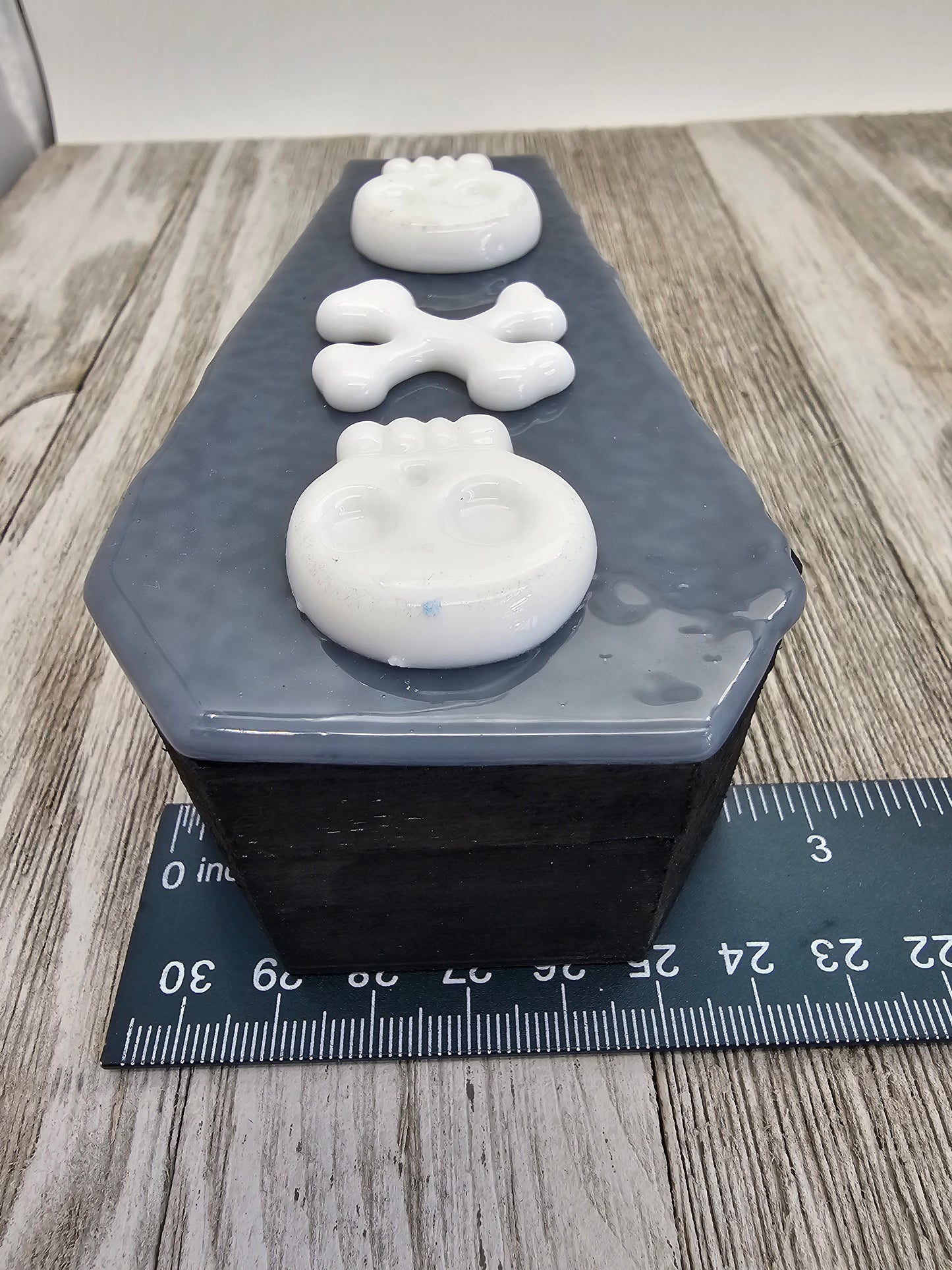 Wooden Coffin Trinket Box with a Fused Glass Lid, Skull and Crossbones