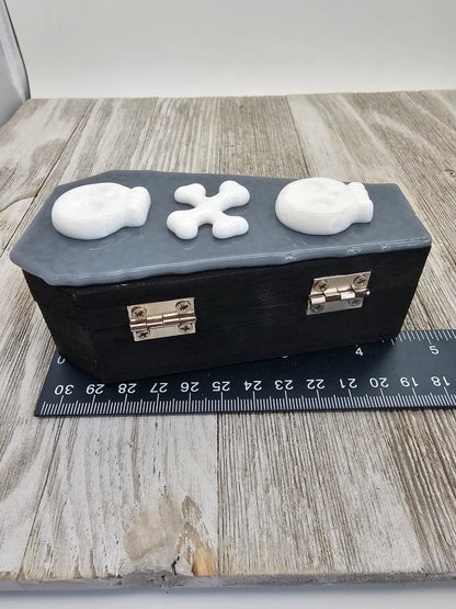Wooden Coffin Trinket Box with a Fused Glass Lid, Skull and Crossbones