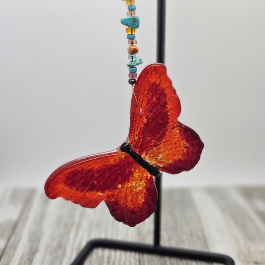 Fused Glass Butterfly Suncatcher – Red Orange Glass Ornament, Handmade Window Hanging, Rear View Mirror Charm, Gift for Her, Boho Decor