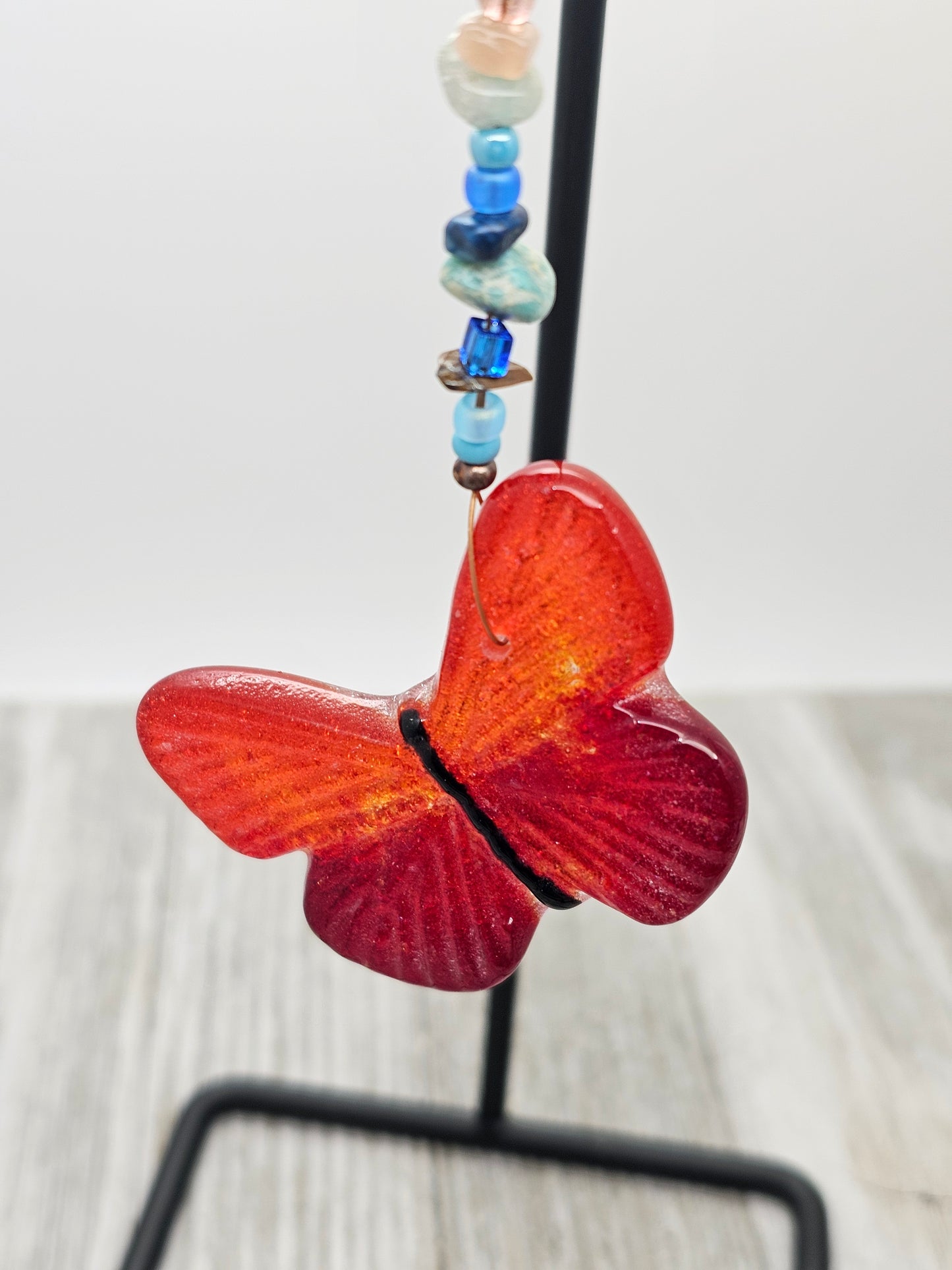 Mini Fused Glass Butterfly – Red & Orange | Beaded Hanger for Window or Car Charm
