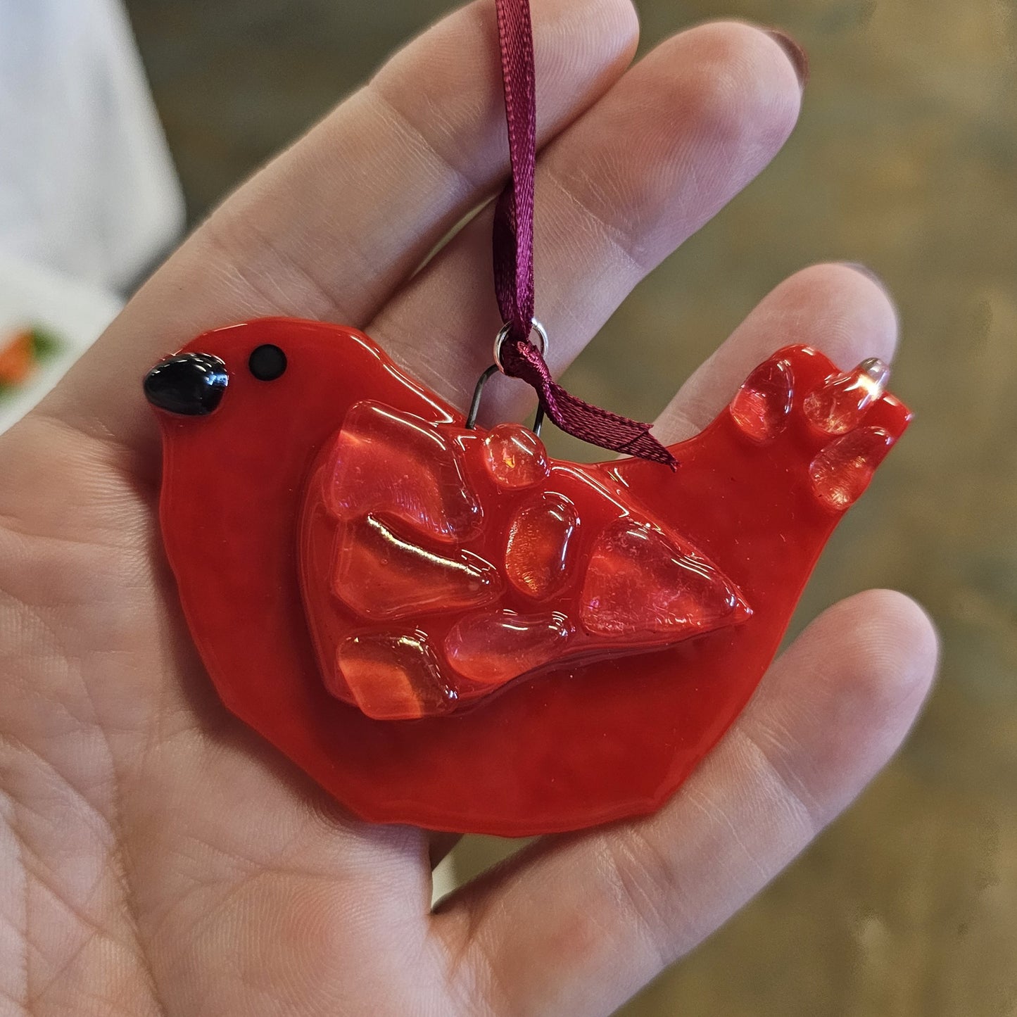 Fused Glass Red Bird Ornament