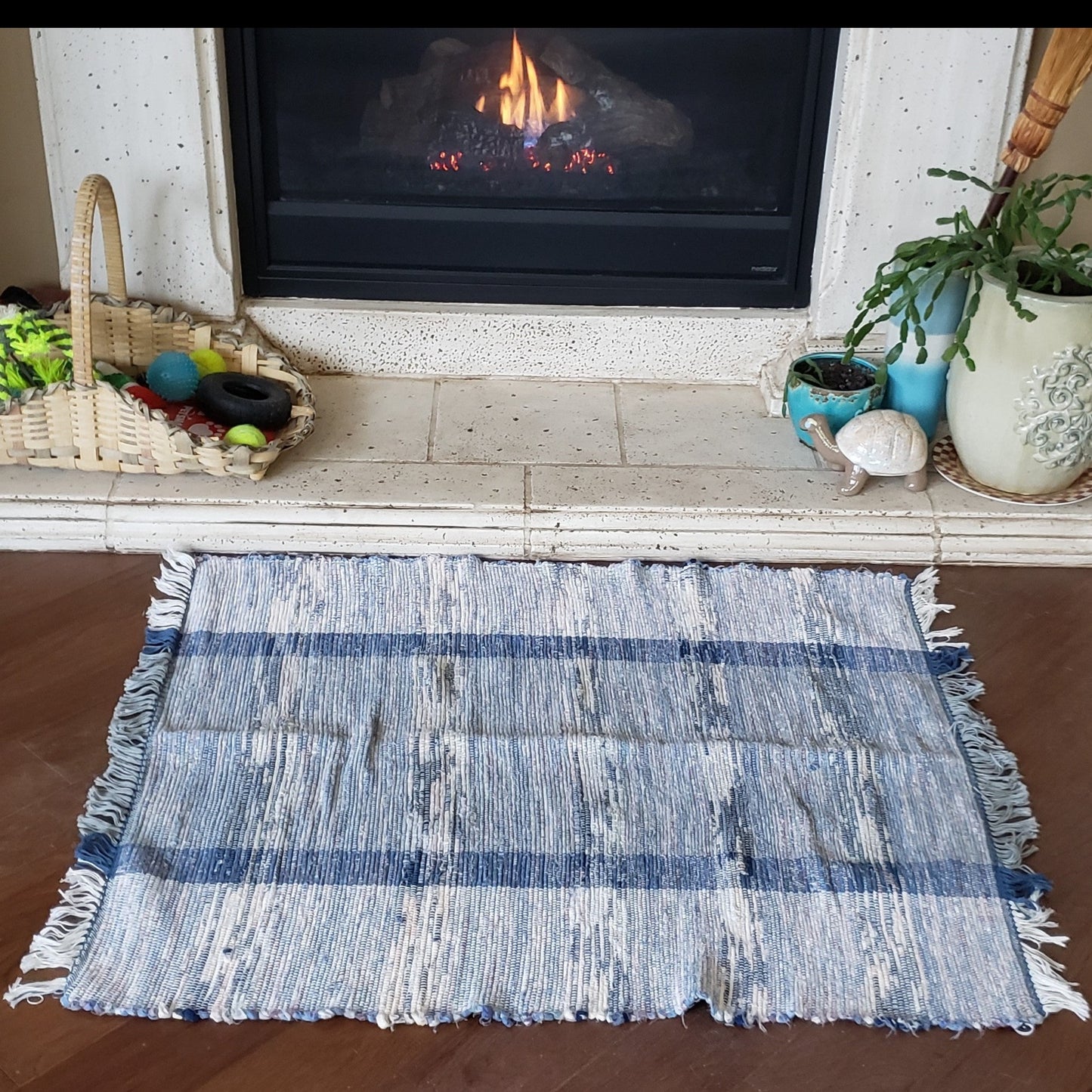 Blue Striped Woven Rag Rug
