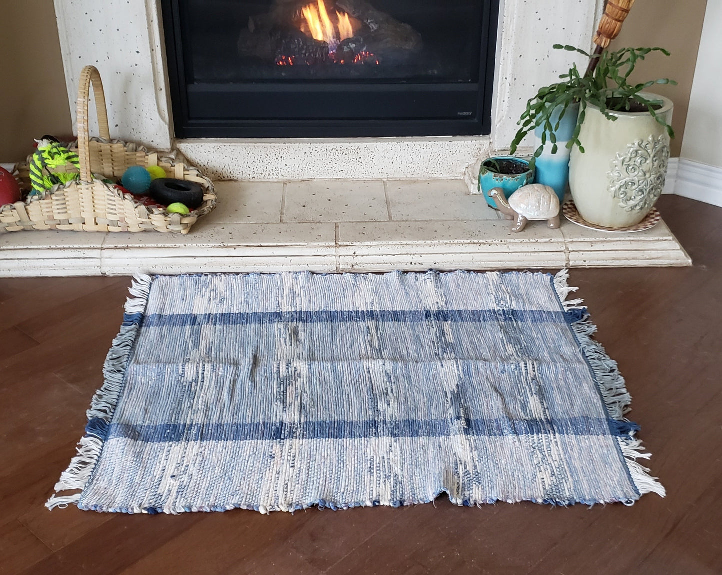 Blue Striped Woven Rag Rug