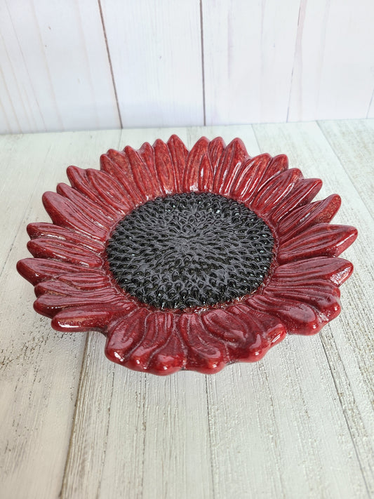 Fused Glass Sunflower Dish, Red Sunflower