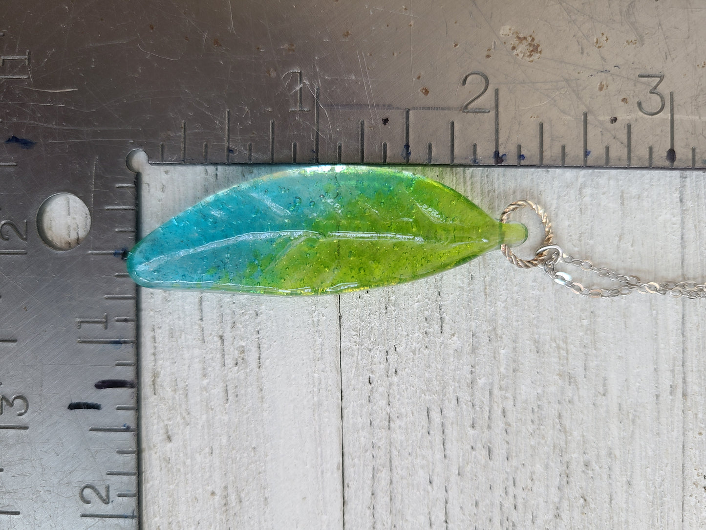 Glass Feather Pendant, Transparent Blue and Green