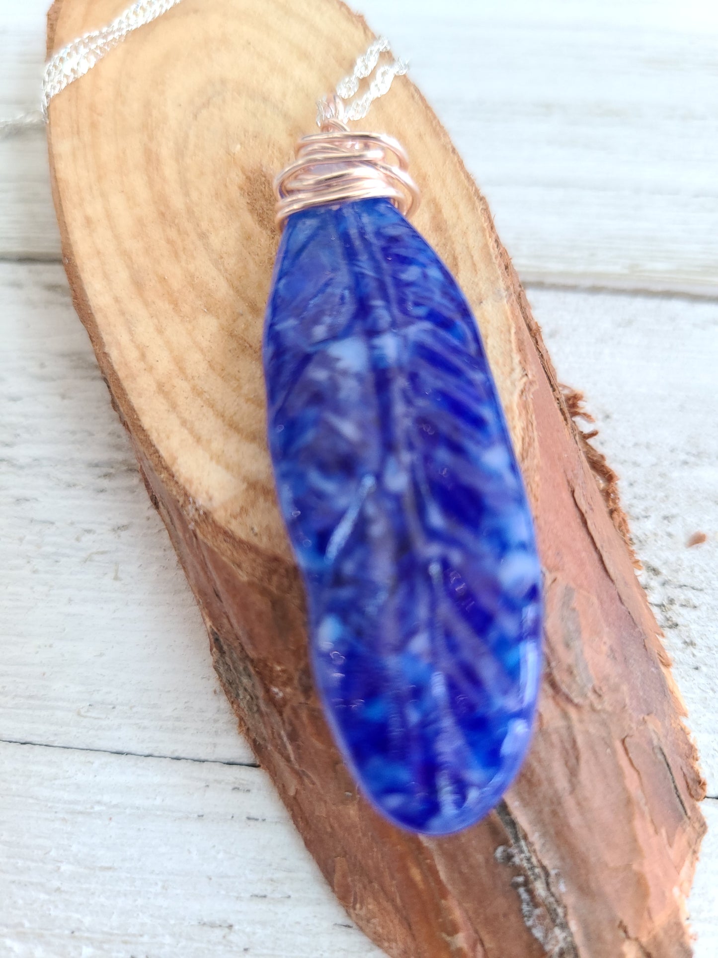 Fused Glass Feather Pendant, Blue and White Glass