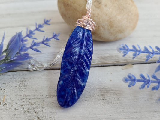 Fused Glass Feather Pendant, Blue and White Glass