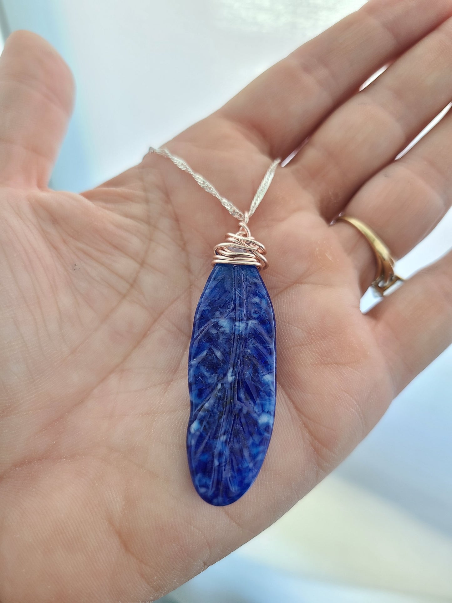 Fused Glass Feather Pendant, Blue and White Glass
