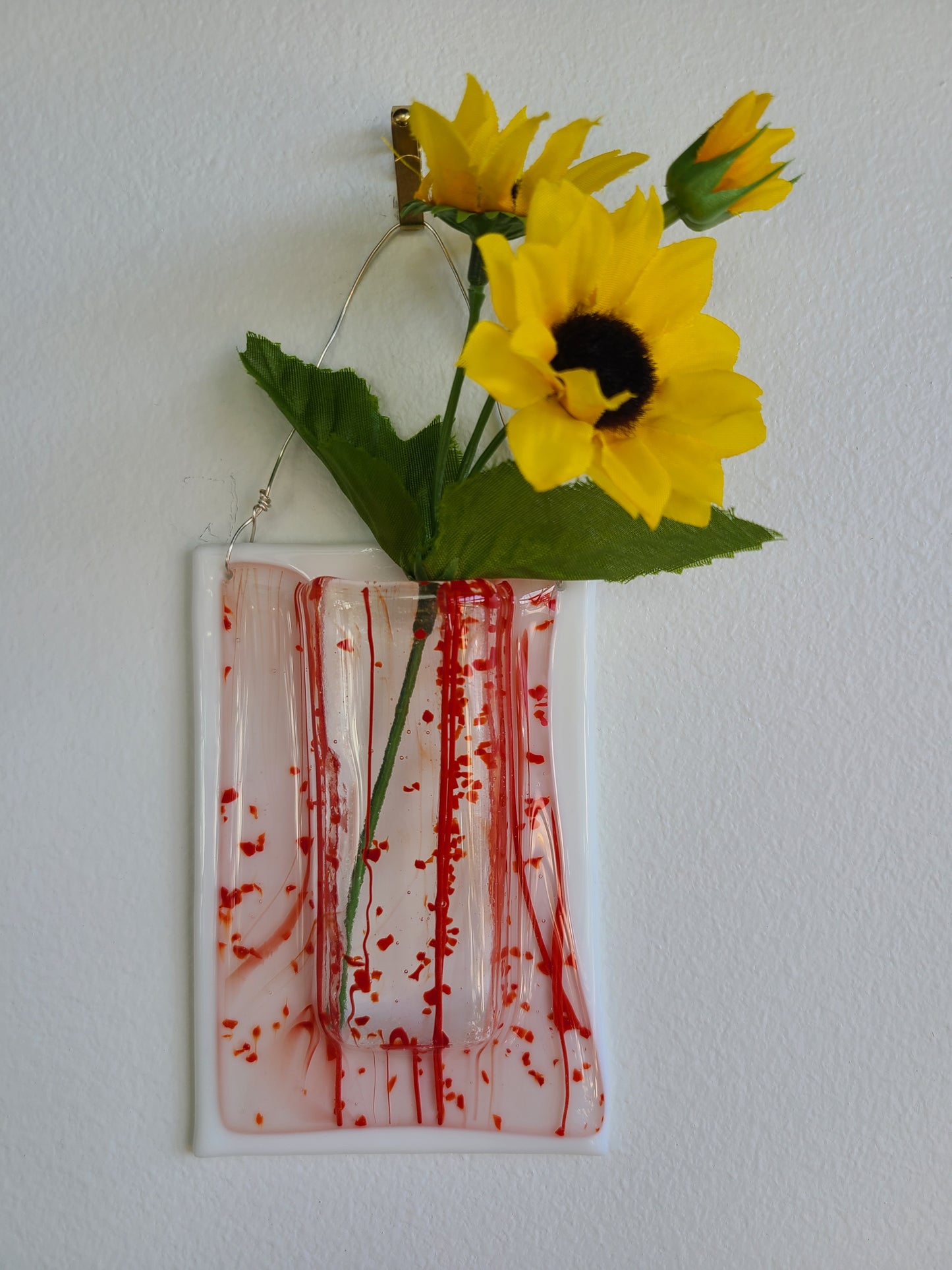 Randomly Red Patterned Fused Glass Wall Pocket Vase