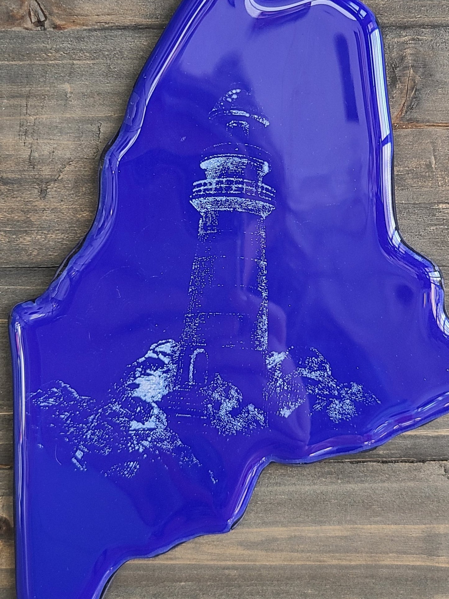 State of Maine, Maine Art, Lighthouse Decor, Fused Glass Art, Maine Gifts, Glass on Wood, Cobalt Blue, Wall Decorations