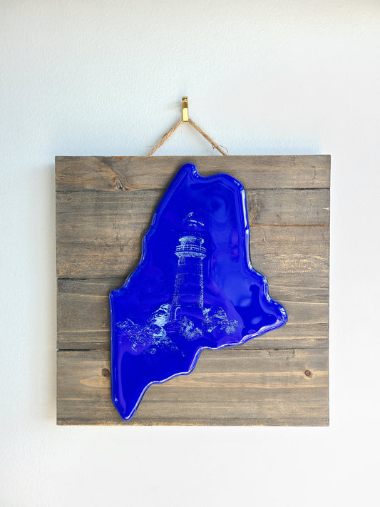 State of Maine, Maine Art, Lighthouse Decor, Fused Glass Art, Maine Gifts, Glass on Wood, Cobalt Blue, Wall Decorations