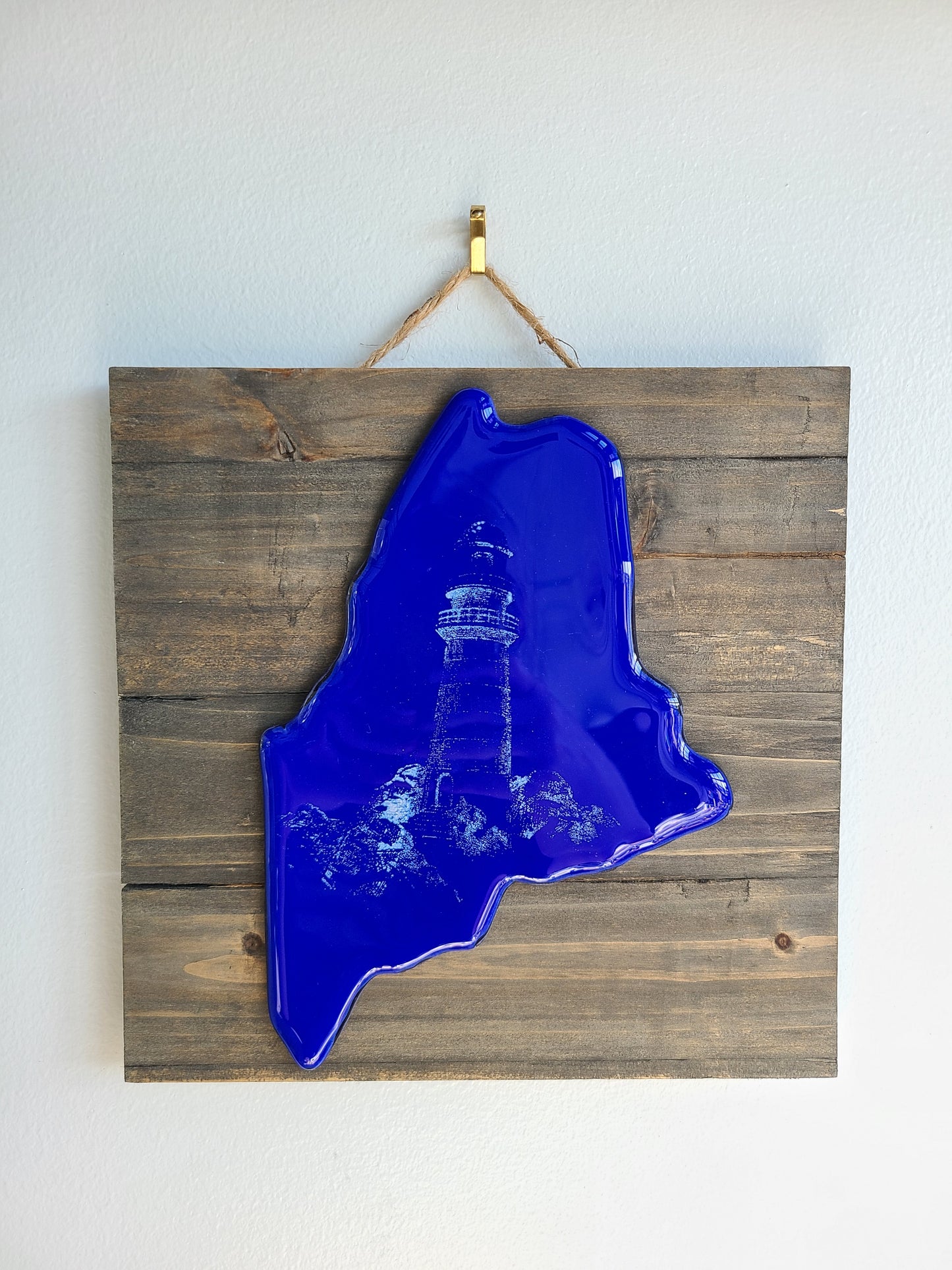 State of Maine, Maine Art, Lighthouse Decor, Fused Glass Art, Maine Gifts, Glass on Wood, Cobalt Blue, Wall Decorations