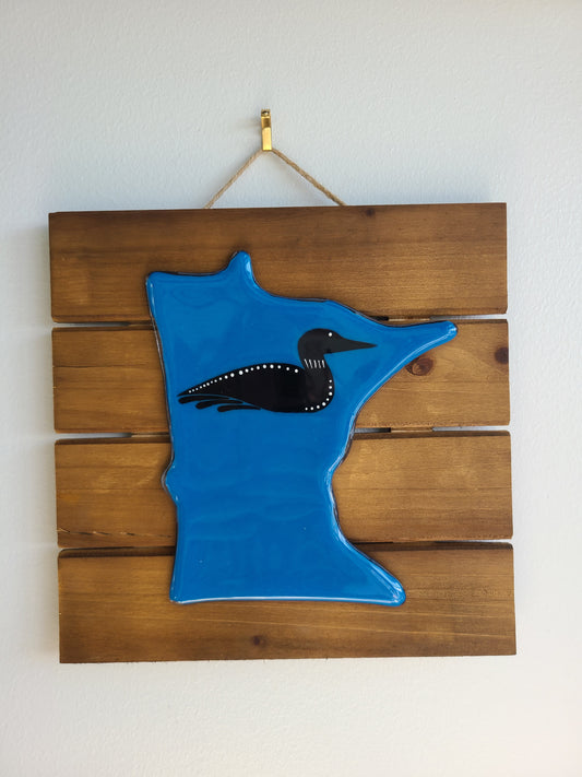 State of Minnesota, Minnesota Art, Loon Decor, Fused Glass Art, Minnesota Gifts, Glass on Wood, Loon Bird, Wall Decorations