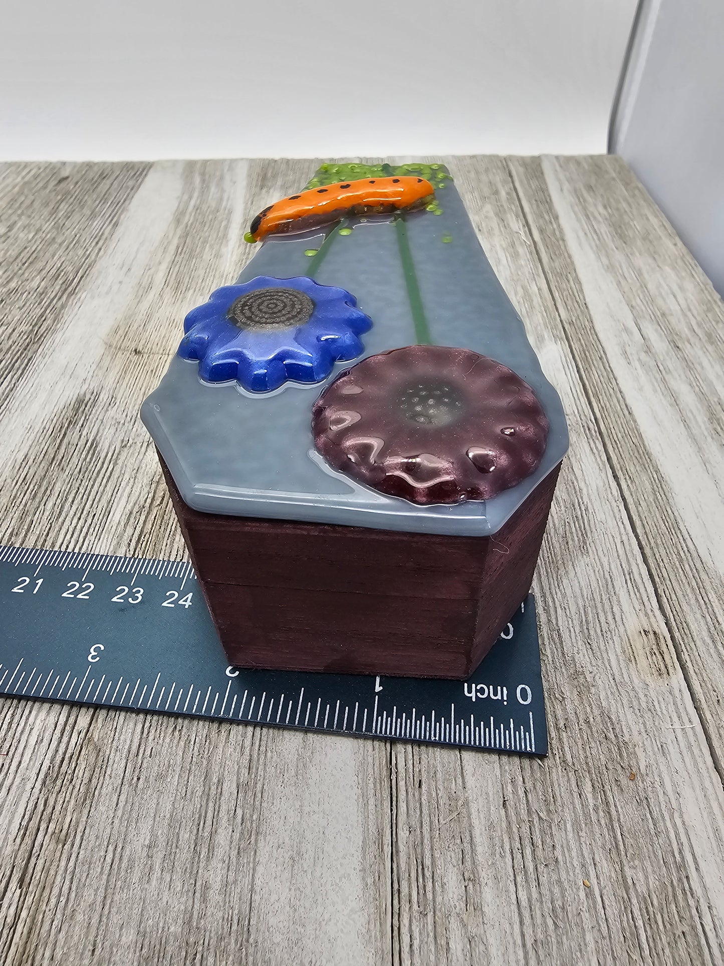 Wooden Coffin Trinket Box with Fused Glass Lid, Flowers