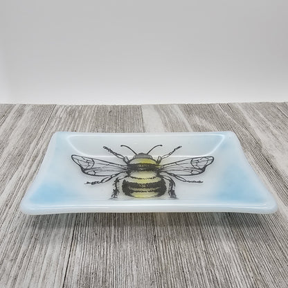 Bumble Bee Dish, Fused Glass Dish, Yellow, Blue and White
