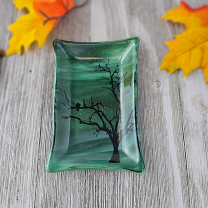 Handmade Fused Glass Dish – Green Streaky Glass - Bird and Tree