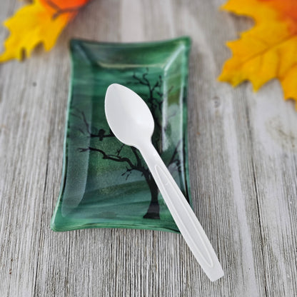 Handmade Fused Glass Dish – Green Streaky Glass - Bird and Tree