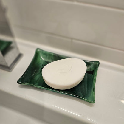 Handmade Fused Glass Dish – Green Streaky Glass - Bird and Tree