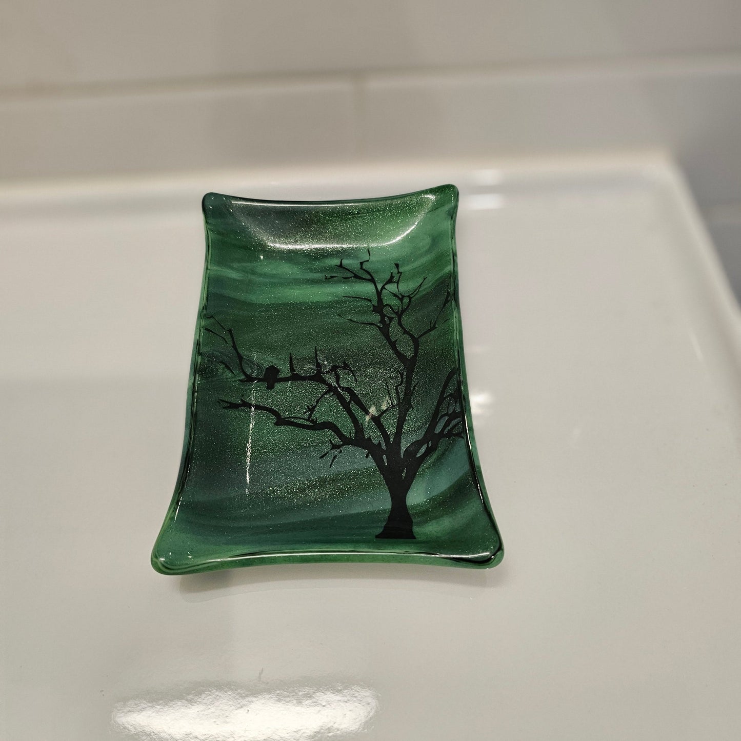 Handmade Fused Glass Dish – Green Streaky Glass - Bird and Tree