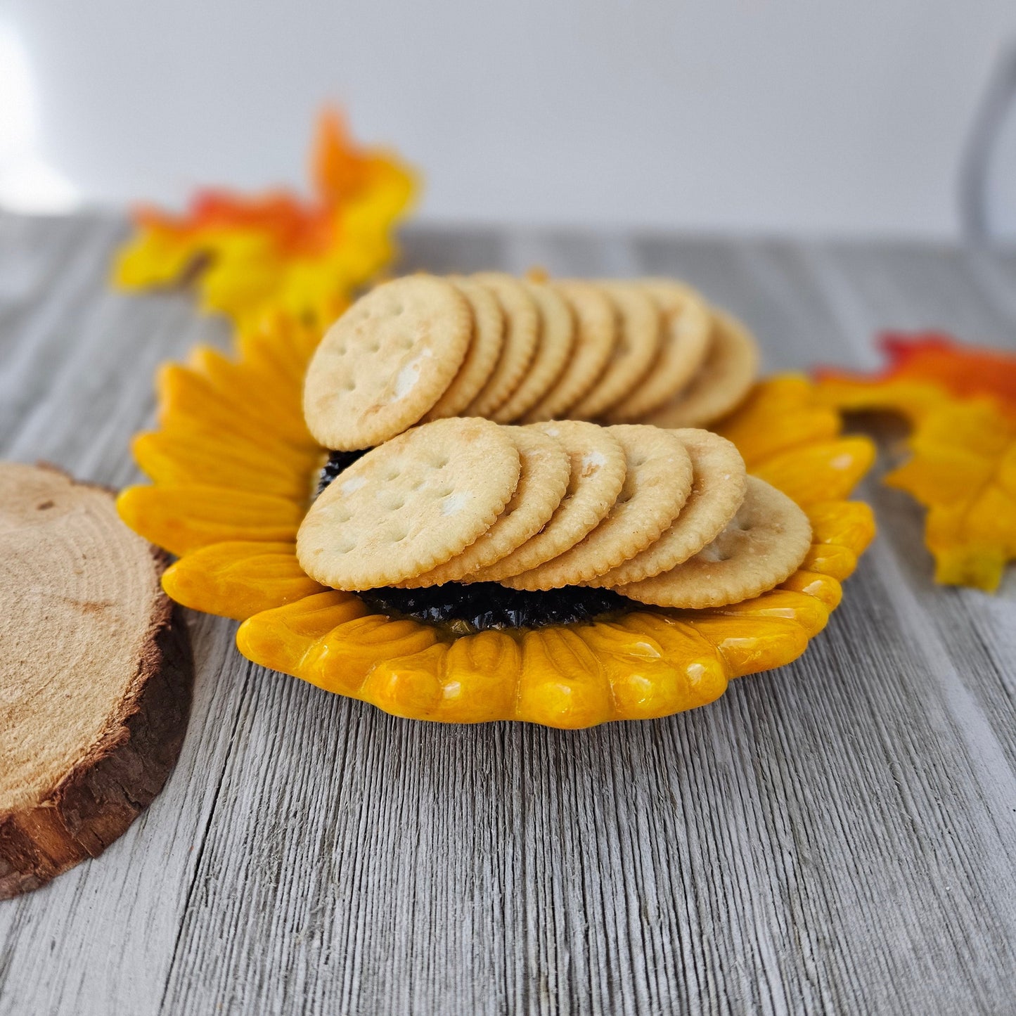 shades of yellow and orange sunflower with a dark brown center holding crackers