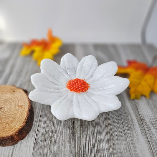 white daisy with an orange center.