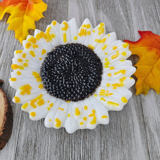 Fused Glass Sunflower Dish, White with Yellow Specks