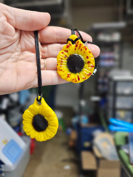 Handcrafted Glass Sunflower Pendant Necklace – Bright & Cheerful Flower Power Accessory - Yellow and Red dots