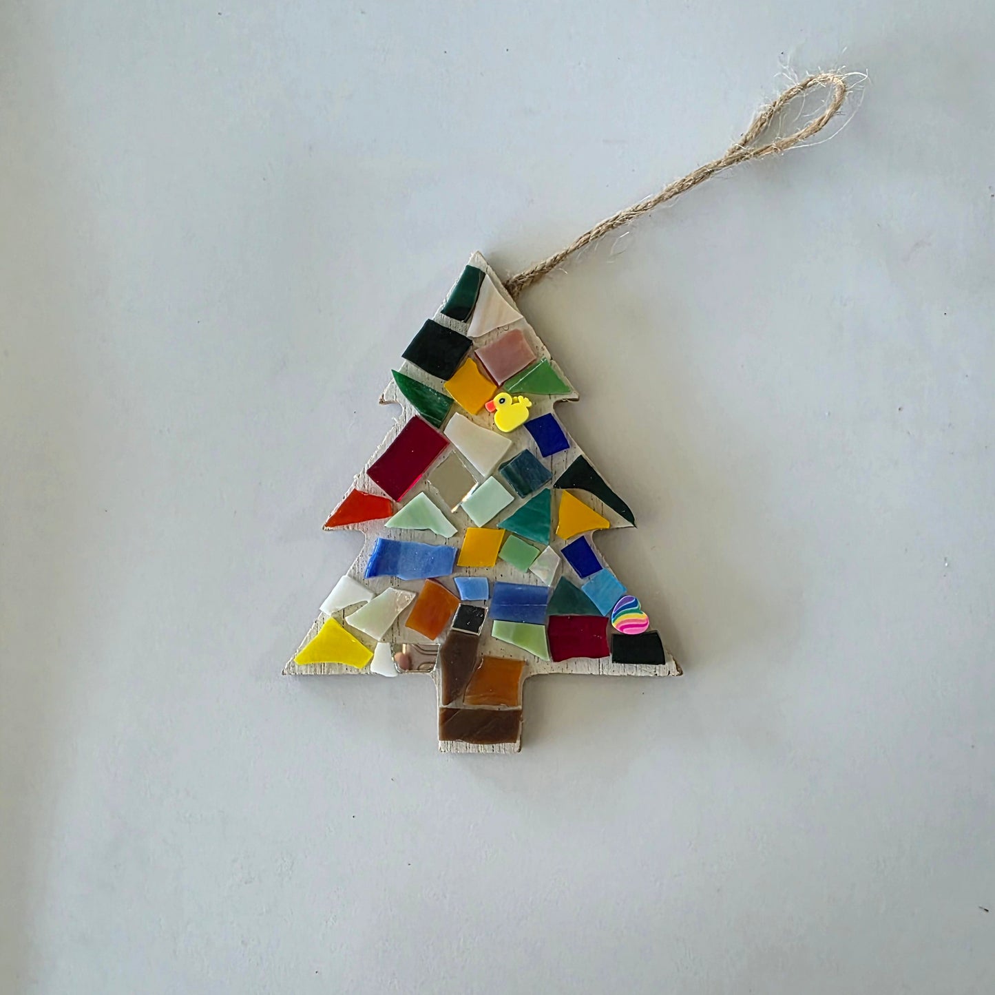 Tree ornament sample of the large tree ornament.   Mosaic pattern is random colored glass and beads.