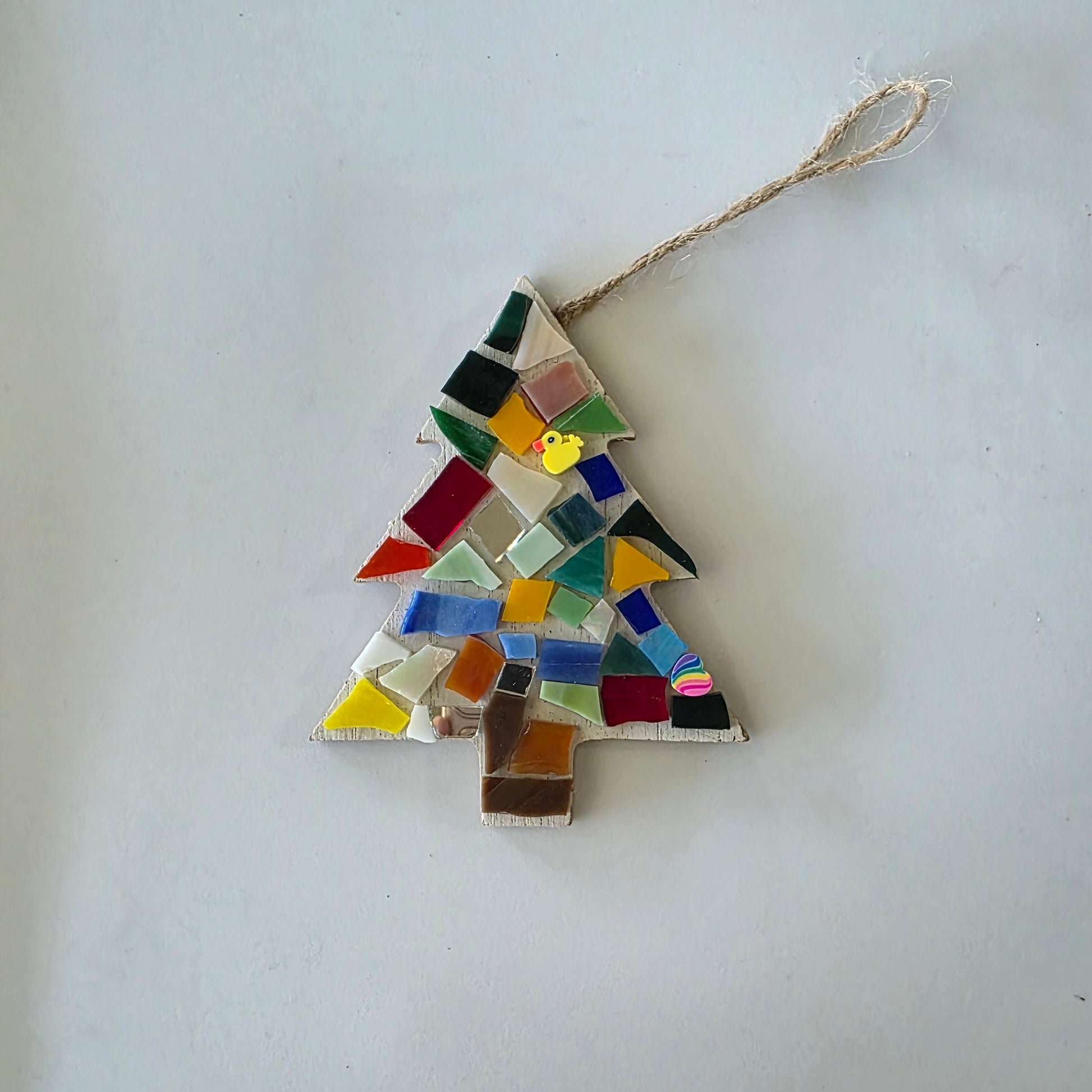 Tree ornament sample of the large tree ornament.   Mosaic pattern is random colored glass and beads.
